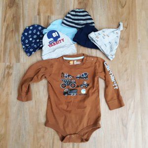Carhartt Bodysuit Baby Boy Bundle With 6 Beanie Hat Caps